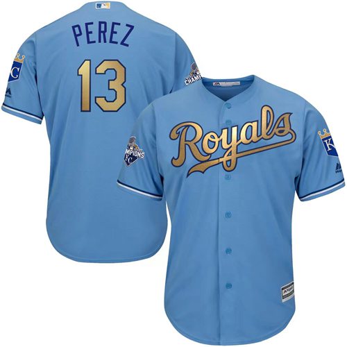 Royals #13 Salvador Perez Light Blue 2015 World Series Champions Gold Program Cool Base Stitched Youth MLB Jersey - Click Image to Close